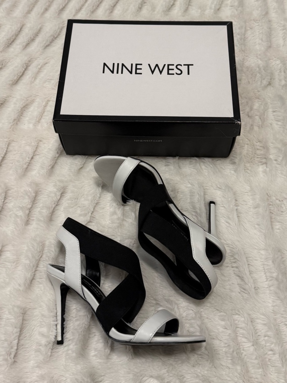 Nine West Maya Black & White Multi Fabric Strappy High Heel Sandals